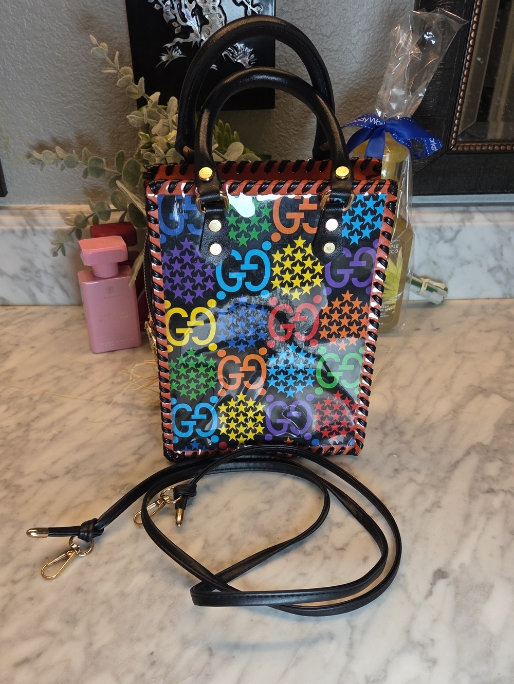 Fashion Multicolor GG Patterned Mini Tote with Black Handles & Crossbody Strap